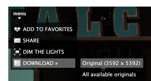 Menu and Download option on the desktop view of the gallery